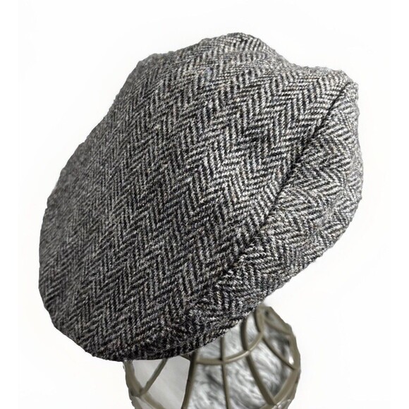 Harris Tweed x Lands End Newsboy Trinity Wool Gray‎ Herringbone Flat Cap Cabby M - Picture 1 of 12